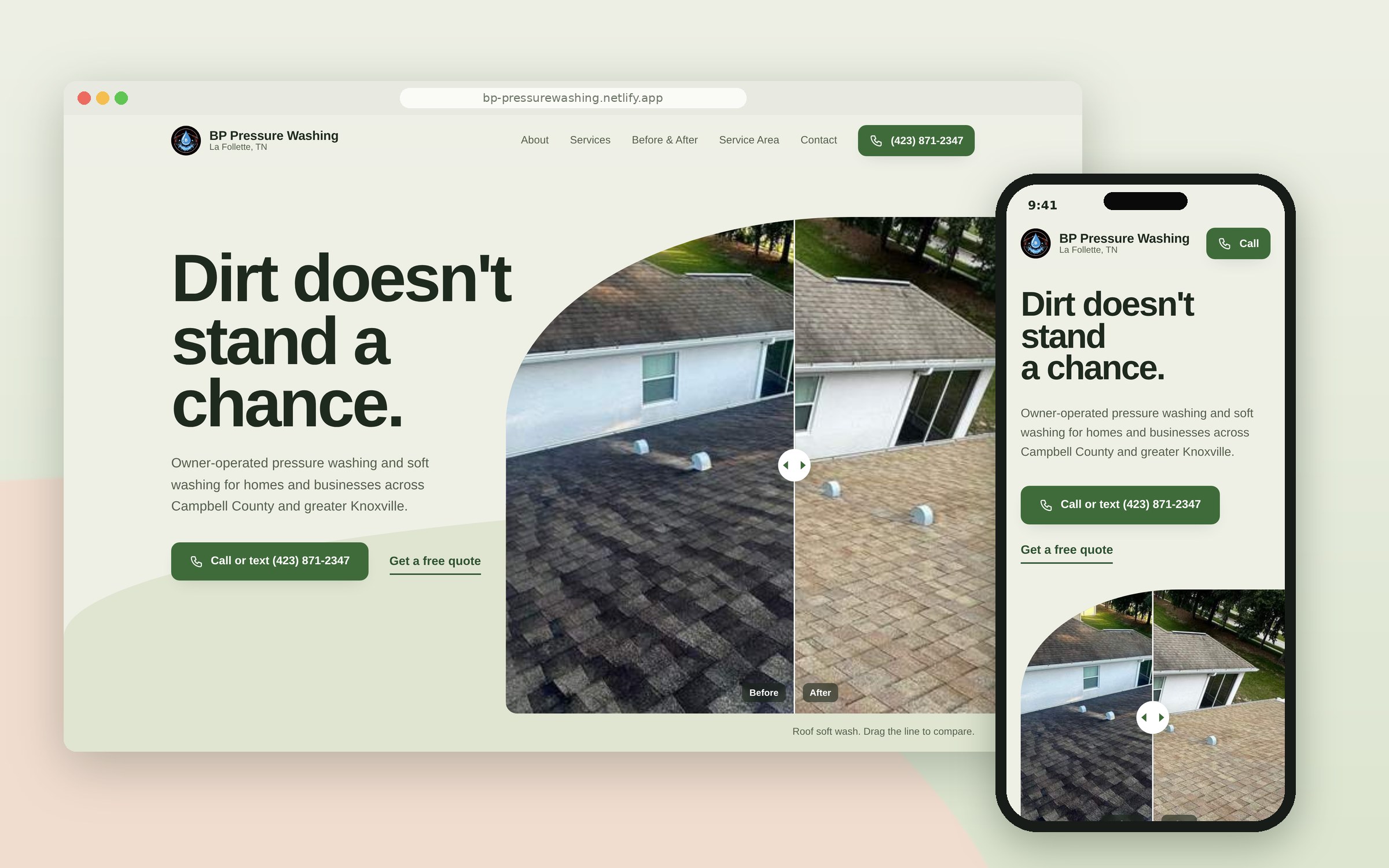 BP Pressure Washing homepage with before and after photos